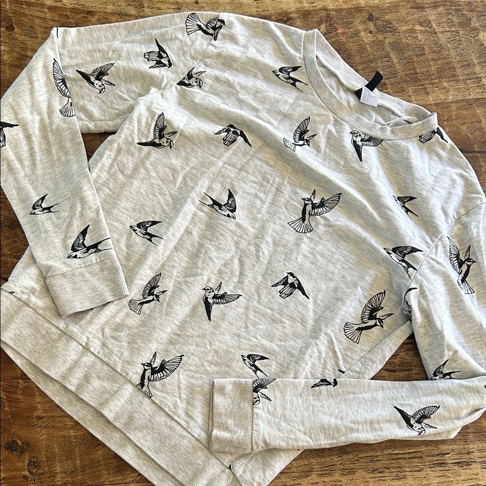H&M Light Gray Crewneck Sweatshirt with Black Bird Print